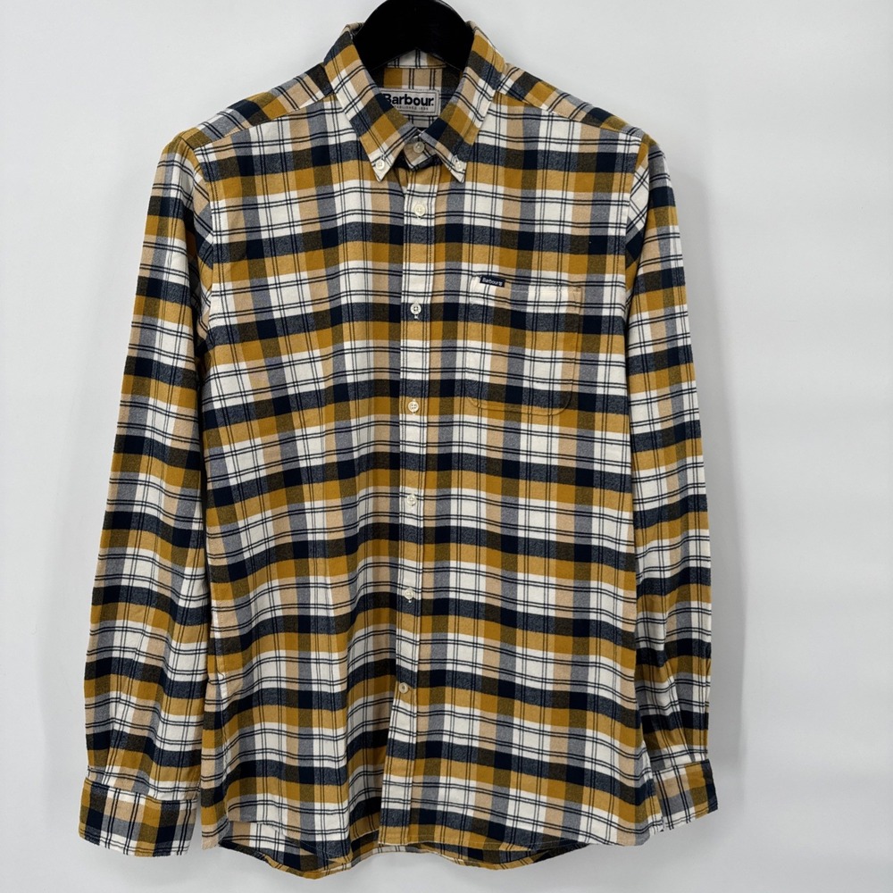 Barbour Mens Tailored Fit Long Sleeve Button Down Shirt Yellow Navy Plaid Small